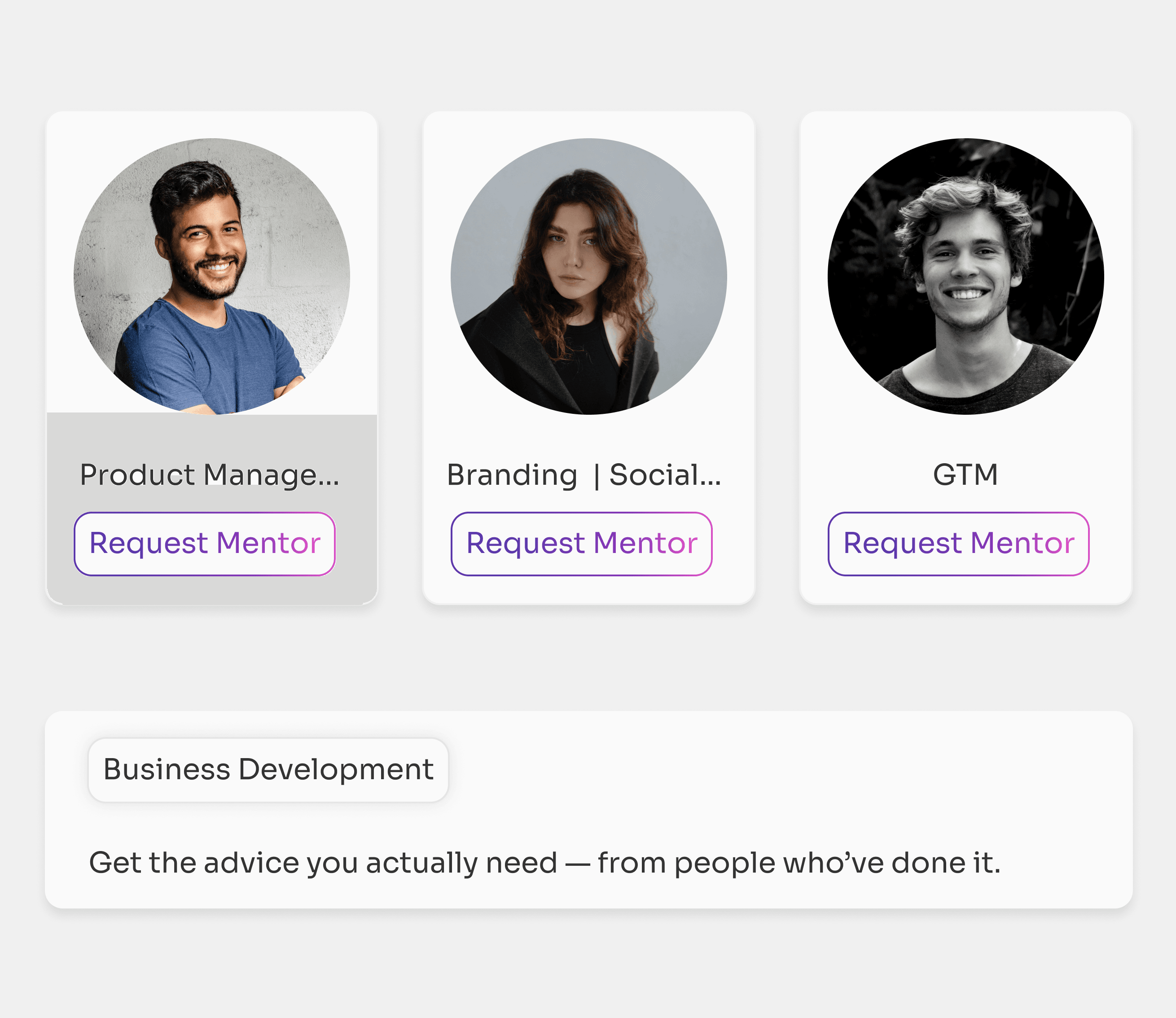 Mentor profile cards showing name, role, and 'Request Mentor' buttons on the VentureGrid mentorship platform.
