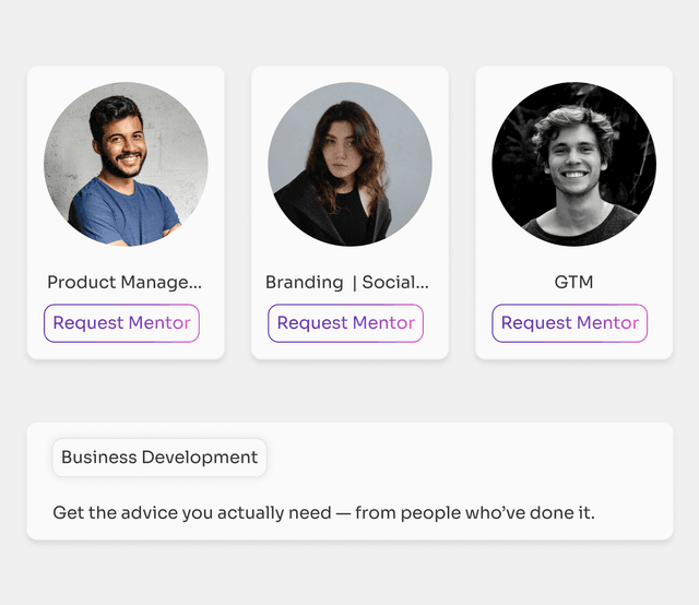 Mentor profile cards showing name, role, and 'Request Mentor' buttons on the VentureGrid mentorship platform.